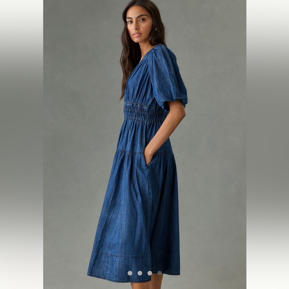 Anthropologie Smocked Puffed sleeve Denim Midi Dress - Picture 4 of 5
